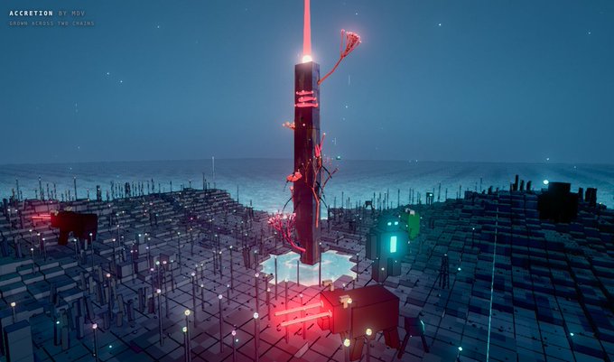 A screenshot from a video game showing a tall, glowing red tower or structure in a desolate, industrial landscape at night, with text reading 'ACCRETION BY POV' and 'CLIMB ALONG THE CRANE'.