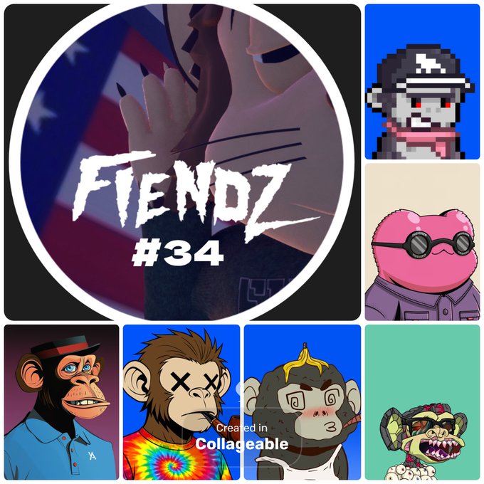 A collage features the text "FIENDZ #34" prominently in the center, surrounded by various NFT character artwork including pixel art and stylized monkey avatars, representing the weekly badge #34 mentioned in the post for holders to claim prizes through OpenPageHQ, OthersideMeta, and Nifty Island.
