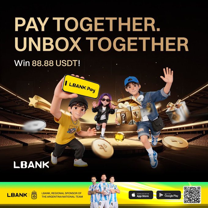 The image features an advertisement for a mystery box event, where three people are shown holding a yellow box with a picture of a boy wearing sunglasses inside. The text above the image reads "Pay together. Unbox together." Below this, there is a QR code that leads to a website called "LBank Pay Mystery Box" and provides details about the event, including the grand prize amount of 88.88 US dollars and an app link for completing the payment.