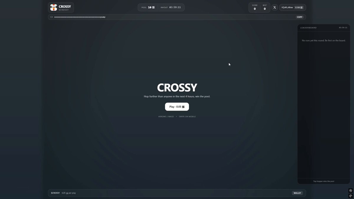 The image shows a website called "Crosby" with a black background, displaying a message about a new skill-based gambling game. The text indicates that the game is live and has just been launched, and it will be available for players to try out in 4 hours. The game involves trying to get the highest hopping score by paying 0.05 SOL and winning the pool of 10 SOL at the end.