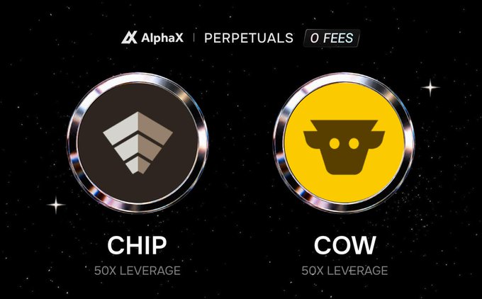 Promotional graphic for AlphaX Perpetuals with '0 FEES' showing two cryptocurrency tokens labeled 'CHIP' and 'COW', both offering 50X leverage.