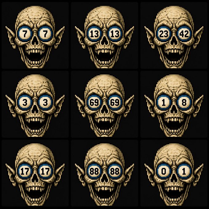 Nine pixelated skulls arranged in a 3x3 grid, each wearing blue-rimmed glasses displaying numbers on the lenses, including pairs like 7/7, 13/13, 23/42, 3/3, 69/69, 1/8, 17/17, 88/88, and 0/1.