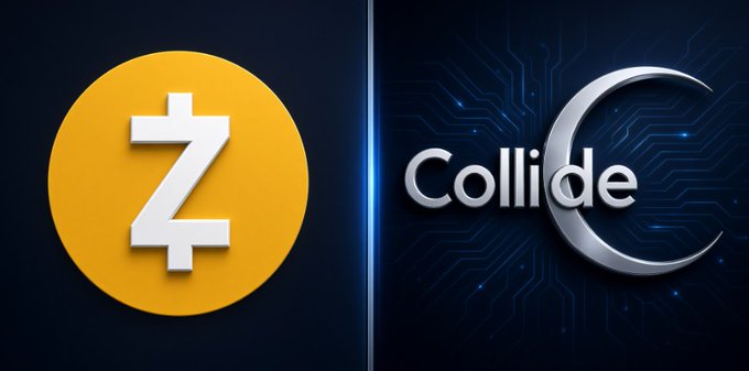 Side-by-side cryptocurrency logos showing the orange Zcash (ZEC) symbol on the left and the silver 'Collide' logo on the right.
