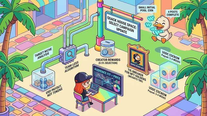 The image features a cartoon girl sitting at a desk, working on her computer. She appears to be focused on her work or possibly playing a game. The scene includes various elements such as palm trees, a bird, and a duck. There is also an advertisement for Quack House in the background, which suggests that this might be a promotional image related to a gaming company or a gaming event.