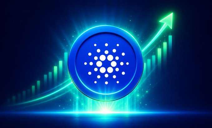 The Cardano logo sits at the center of the image, surrounded by an upward-trending green candlestick chart and a glowing arrow, symbolizing bullish growth and upcoming milestones for ADA.