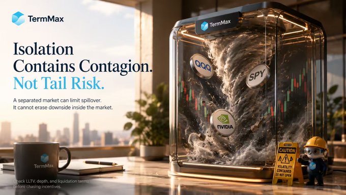 A TermMax advertisement with the headline 'Isolation Contains Contagion. Not Tail Risk.' showing stock tickers QQQ, SPY, and NVIDIA contained inside a swirling glass cube on an office desk with a hard hat figure nearby.