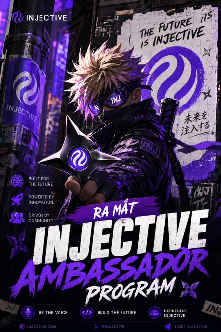 The image features a poster for an injective ambassador program, which is designed to help people build their online presence through content creation. The poster includes a character with purple hair holding a sword, symbolizing strength and determination. The text on the poster reads "RA MAT INJECTIVE AMBASSADOR PROGRAM", indicating that this program is specifically designed for individuals who want to enhance their online presence as injective ambassadors.