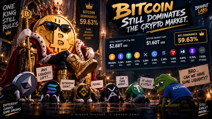 A Brainrot Labs graphic titled 'Bitcoin Still Dominates The Crypto Market' showing BTC dominance at 59.63%, with a king Bitcoin figure on a throne and various altcoins depicted as beggars asking for liquidity.