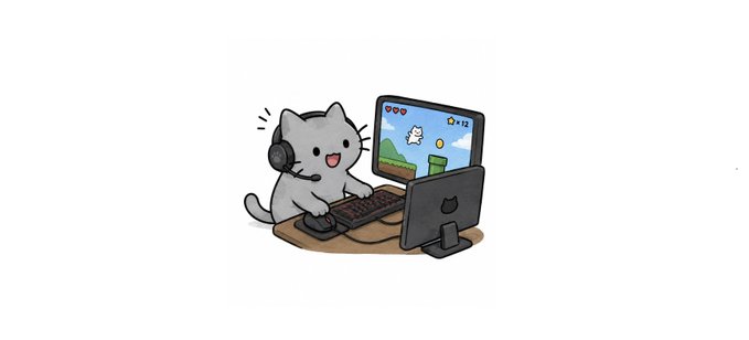 A digital illustration of a cute gray cat wearing a headset and playing a Super Mario-style video game on a desktop computer.