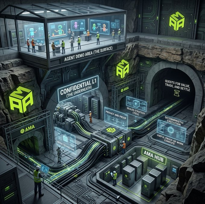 An isometric digital illustration depicts an underground tech facility labeled 'AMA' with areas marked 'AGENT DEMO AREA (THE SURFACE),' 'CONFIDENTIAL L1 (THE UNDERNEATH),' 'PRIVACY AND PROOF,' 'SEALED STRATEGY (TEST),' 'DETERMINISTIC EXECUTION,' and 'AMA HUB.'