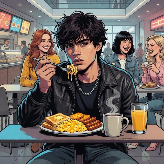 A comic-book style illustration of a young man in a black leather jacket eating a large breakfast of eggs, toast, and sausages in a cafeteria.