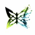 An illustration of two butterflies with vibrant, watercolor-like splashes of green, black, and blue against a white background.