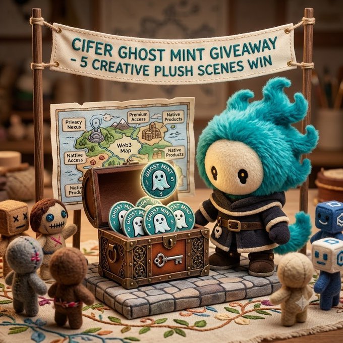 A plush scene depicts a blue-haired plush character next to a treasure chest filled with ghost tokens, under a banner reading 'CIFER GHOST MINT GIVEAWAY - 5 CREATIVE PLUSH SCENES WIN' above a Web3 map.