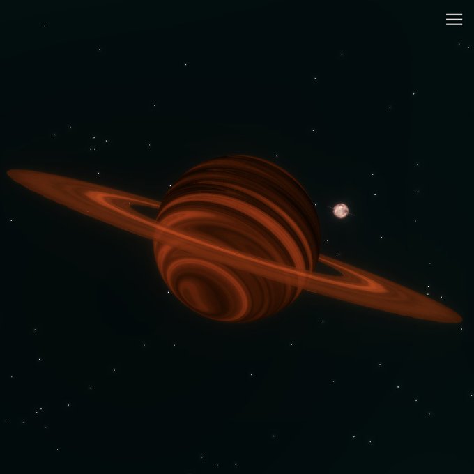 A digital illustration of a reddish-orange ringed planet floating in a starry black space, with a small moon visible to its right.