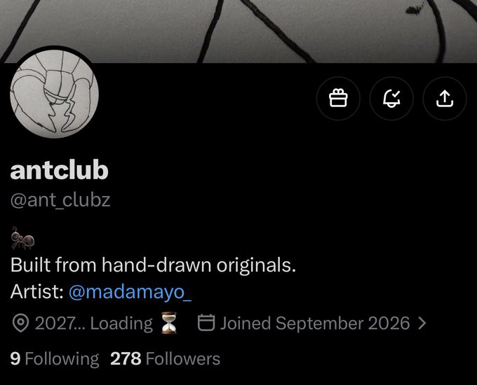 A social media profile page for 'antclub' (@ant_clubz), noting it was 'Built from hand-drawn originals' by artist @madamayo_, with 9 following and 278 followers, joined September 2026.