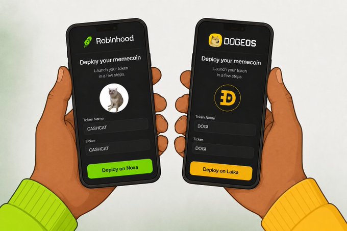 Two illustrated hands hold smartphones displaying meme coin deployment screens: one shows "Robinhood" branding with a "CASHICAT" token and a "Deploy on Noxa" button, while the other shows "DOGEOS" branding with a "DOGI" ticker and "Deploy on Laika" button—visually announcing Robinhood's expansion into meme coin launches alongside its Dogecoin integration.