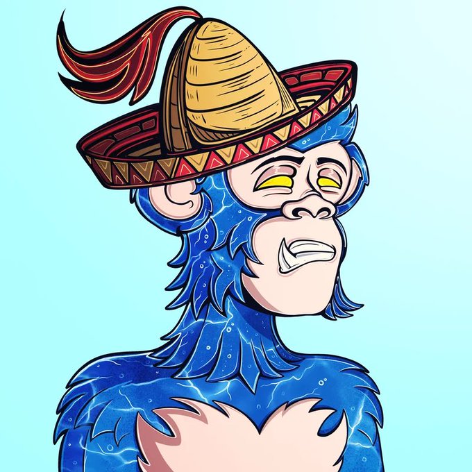 A blue-furred, yellow-eyed monkey wearing a traditional sombrero is depicted against a light blue background, fitting the post's reference to a "lightning naked" Primal NFT minted on OrbisOnSOL, where the character appears stripped of clothing accessories aside from the festive hat while the user's comment humorously frames owning such a bare, unadorned variant as an "alpha" move in the collection.