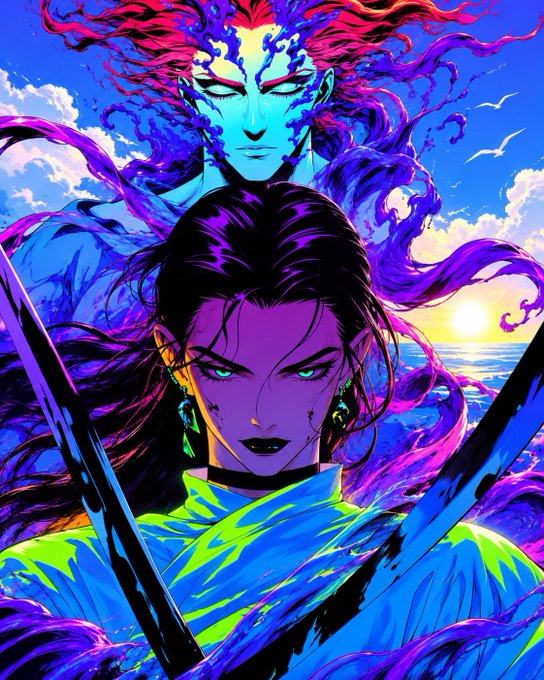 A vibrant anime-style illustration of two characters with glowing green eyes—one with purple hair in the foreground and another with flowing red hair behind them—against a bright blue sky and ocean backdrop.
