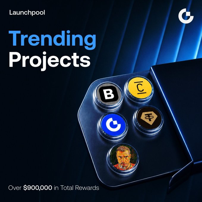 A promotional graphic for 'Launchpool Trending Projects' featuring five circular tokens arranged on a dark metallic surface and noting over $900,000 in total rewards.