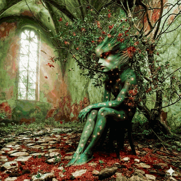 A fantasy digital artwork depicts a green-skinned humanoid figure sitting on the ground in a cathedral-like ruin, surrounded by blooming red flowers and an arched window.