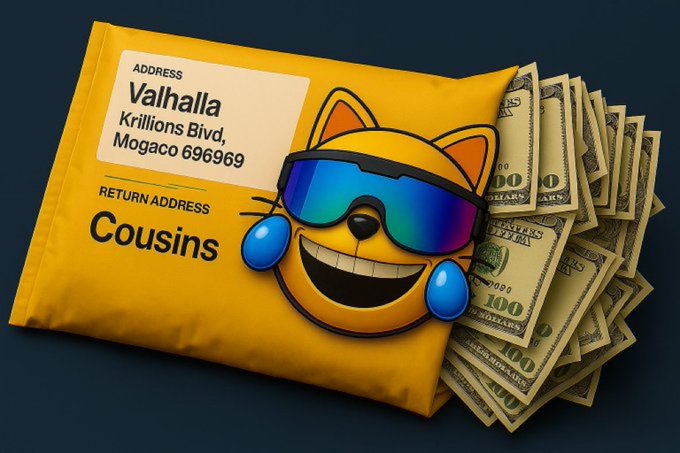 A yellow mailing package addressed to "Valhalla, Krillions Blvd, Mogaco 696969" with the return address listed as "Cousins" spills out a fan of $100 bills, featuring a smiling cat emoji wearing blue sunglasses and tear-shaped tears of joy—visually capturing the euphoric, meme-driven crypto bull market energy referenced by the post about MOG and ETH season.