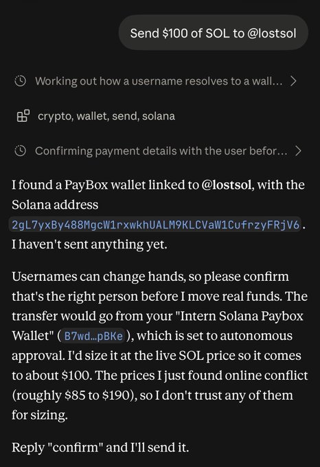 The image shows an AI assistant's response to a user request to send $100 of SOL to @lostsol. The assistant explains it found a PayBox wallet linked to @lostsol with the Solana address "2gL7yxBy488MgcW1rxwkhUALM9KLCVaW1CufrzyFRjv6," and is asking the user to confirm before transferring the funds, noting that SOL prices online vary widely ($85-$190), so it needs verification.