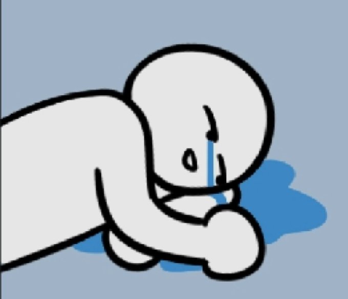 A simple cartoon drawing shows a white figure lying face down and crying, with a blue puddle beneath it on a light blue background.