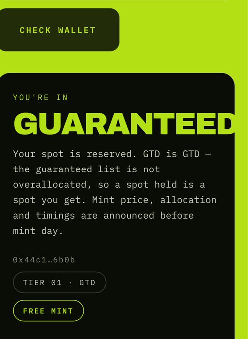 A mobile interface screen in black and lime green showing a 'GUARANTEED' NFT mint confirmation with the message 'YOU'RE IN', noting 'GTD is GTD - the guaranteed list is not overallocated', a wallet address '0x44c1...6b0b', 'TIER 01 · GTD' status, and a 'FREE MINT' button.
