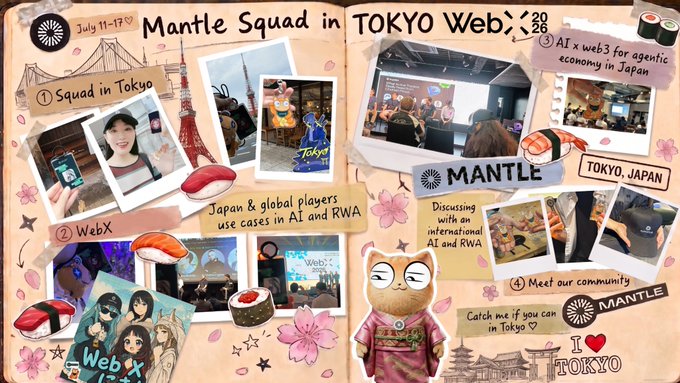 A scrapbook-style photo collage titled "Mantle Squad in TOKYO WebX 2025" featuring labeled sections like "Squad in Tokyo," "WebX," "Japan & global players use cases in AI and RWA," "AI x web3 for agent economy in Japan," and "Meet our community," with an anime cat mascot in a kimono and "I ❤️ TOKYO" graphic. The diary format visually organizes Mantle's WebX conference participation in Tokyo, complementing the post's recap of the event's focus on institutional investors and AI/RWA discussions.