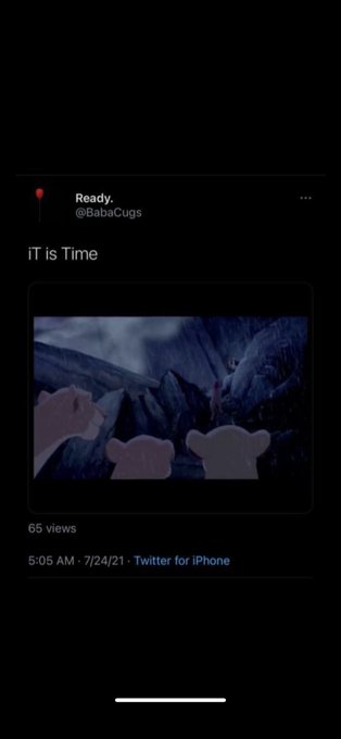 A screenshot of a tweet from 'Ready. @BabaCugs' posted at 5:05 AM · 7/24/21 saying 'IT is Time' with an image from the movie IT showing Pennywise the clown emerging from a storm drain.