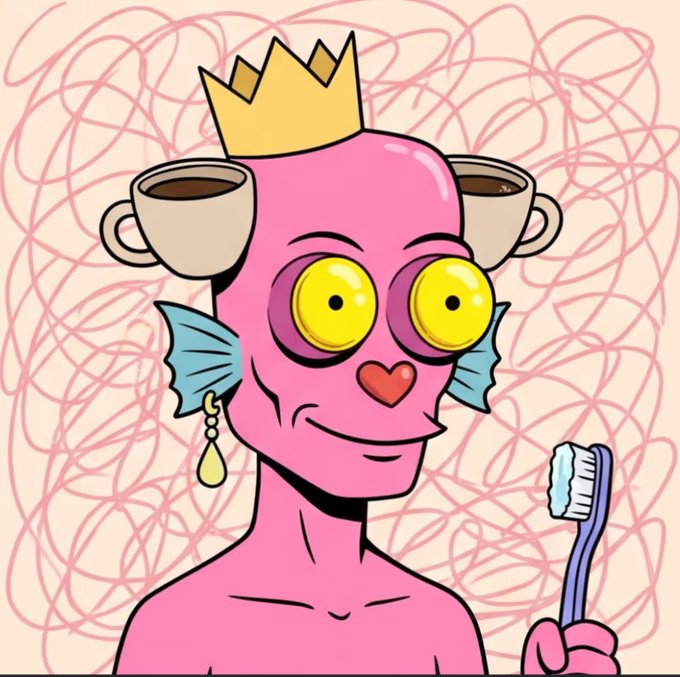 A cartoon illustration of a pink, alien-like character with big yellow eyes, wearing a yellow crown, with coffee cups replacing ears, holding a purple toothbrush.