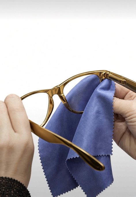 A close-up shows hands using a blue microfiber cloth to polish a pair of gold-rimmed eyeglasses against a white background.