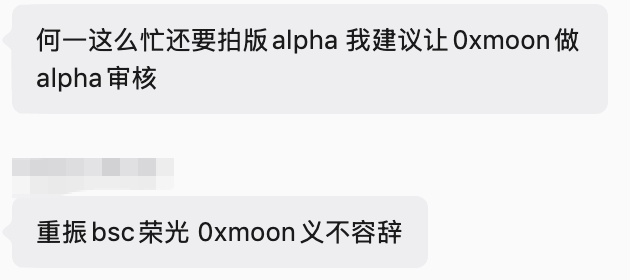 A screenshot of a chat conversation in Chinese, with messages mentioning '拍版 alpha', '0xmoon 做 alpha 审核', and '重振 bsc 荣光 0xmoon 义不容辞'.