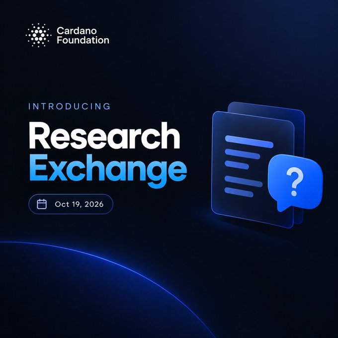 A Cardano Foundation promotional graphic announces 'Introducing Research Exchange' dated Oct 19, 2026, featuring an icon of documents with a question mark speech bubble.