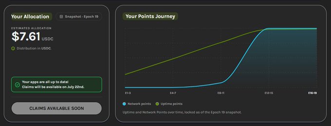 A dashboard showing 'Your Allocation' of $7.61 USDC with a points journey graph tracking Network and Uptime points across epochs E1-19.