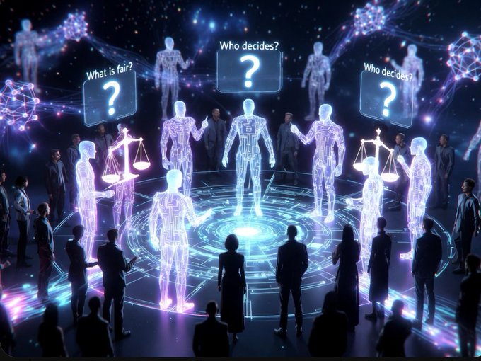 A digital illustration depicting glowing humanoid figures surrounding a central robed figure with scales, while observers raise question-mark signs reading 'What is fair?' and 'Who decides?' amid a cosmic, networked backdrop.