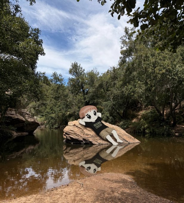 A scenic outdoor photograph of a forest stream with trees reflecting in the water, with a cartoon/anime-style character edited onto a rock in the center.