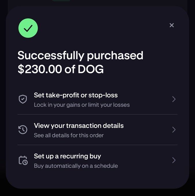 The image features a screenshot of a mobile device screen displaying a successful purchase for dog gambling. The text reads, "Successfully purchased $30.00 of DOG," indicating that someone has successfully bought an item worth 30 dollars using a betting system related to dogs. There are four different steps shown in the process of how to set up and complete this transaction. One of these steps suggests setting up an automatic recurring buy on the first try for one year, which could be helpful if the person wants to minimize the risk involved in dog gambling by receiving regular updates and minimizing potential losses due to unexpected events or unplanned breaks from the game.