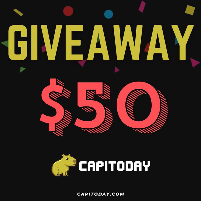 The graphic displays a bold "GIVEAWAY $50" announcement on a black background with colorful confetti, featuring the Capitoday logo (a yellow hamster) and the website capitoday.com. The image visually promotes the $50 USDC giveaway contest described in the post, highlighting the prize amount and the Capitoday brand offering two $25 prizes to random winners.