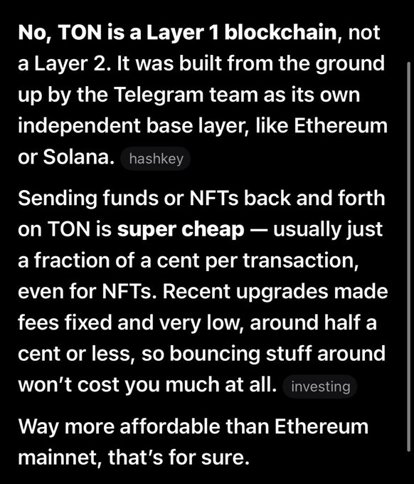 The image shows a black background with white text that reads "No., TON is a Layer 1 Blockchain", which is related to the topic of Bitcoin. The text also includes information about Ethereum, Bitcoin, and other blockchain technologies.