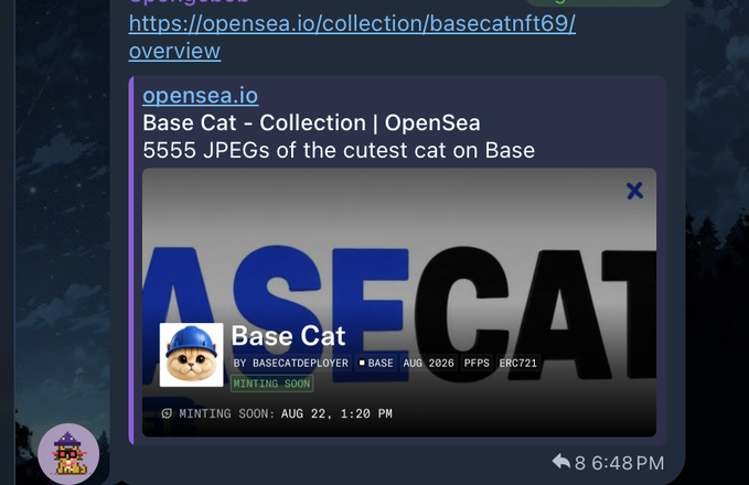 A screenshot of the @Degens4ever Telegram chat shows a preview for the “Base Cat” NFT collection on OpenSea, described as “5555 JPEGs of the cutest cat on Base,” with a “Minting Soon” banner and Aug. 2026 date. It appears as a shared crypto project link, fitting the casual “normal day” in the group chat.