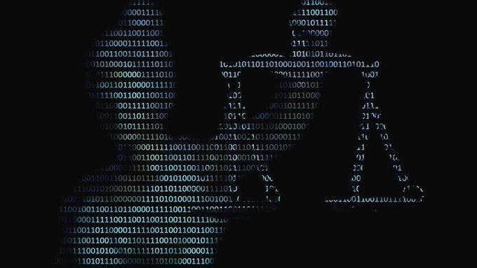 A skull composed of binary code and scattered alphanumeric symbols (including "@GenLayer" and "@courtofinternet") emerges against a black background, visually representing the concept of AI-driven trustless adjudication mentioned in the post about GenLayer's validator network.