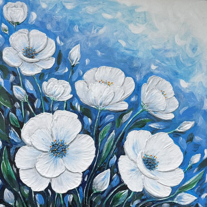 A painted artwork depicts large white flowers with blue centers and orange stamens against a textured blue sky background.