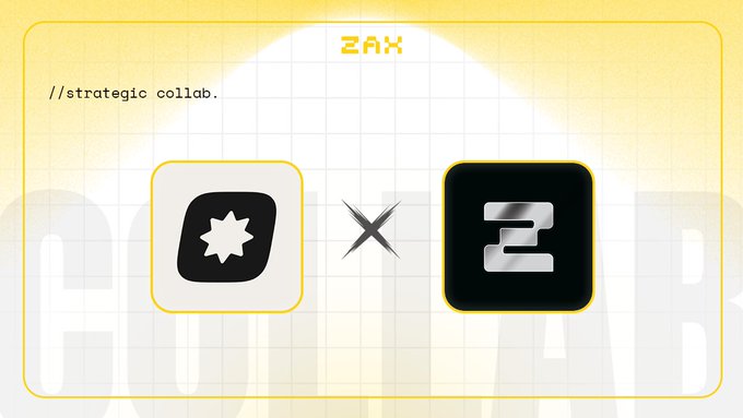 A ZAX-branded graphic announces a strategic collaboration with PacketChat, featuring both logos side by side with a large "X" between them, the text "//strategic collab." in the top left, and faded "STRATEGIC" lettering across the background—visually highlighting the partnership between the two platforms.