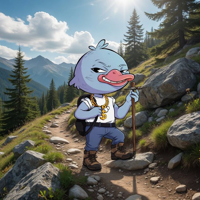 The image features a cartoon duck standing on a rocky trail surrounded by trees and mountains. The duck has a backpack, a gold chain around its neck, and a gold necklace. It appears to be hiking or quacking along with the @wallchain who is also wearing a backpack and a gold chain.