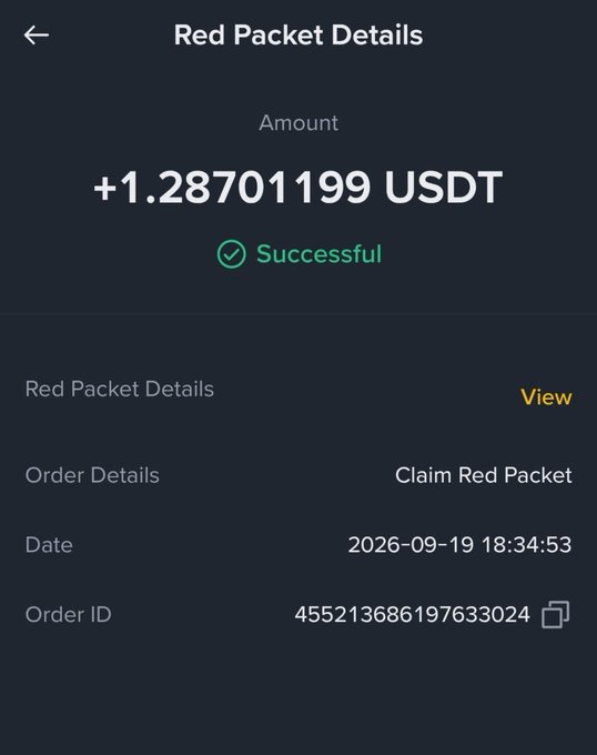 A digital screenshot of a 'Red Packet Details' transaction showing a successful claim of +1.28701199 USDT, with date 2026-09-19 18:34:53 and Order ID 455213686197633024.