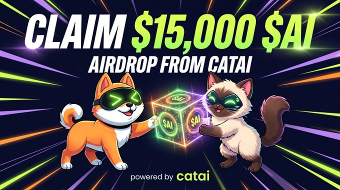 A vibrant promotional banner reading 'CLAIM $15,000 $AI AIRDROP FROM CATAi' featuring two cartoon cats in sunglasses and futuristic goggles holding a glowing neon cube with 'AI' logos, 'powered by catai' at the bottom.