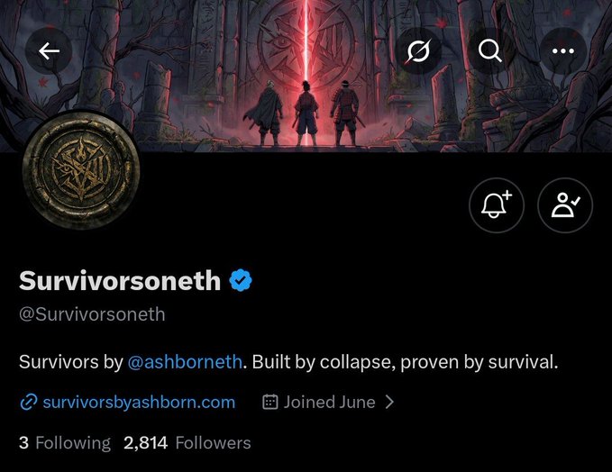 The image shows the Twitter/X profile page for "Survivorsoneth" (@Survivorsoneth), a verified NFT project by @ashborneth featuring a banner depicting three silhouetted characters standing before a glowing red portal in a dark, mystical landscape, with the bio reading "Survivors by @ashborneth. Built by collapse, proven by survival." The profile displays 2,814 followers and links to survivorsbyashborn.com, matching the post's introduction of a hand-drawn NFT collection with real characters and a story-driven world.