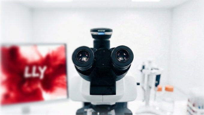 A microscope focused on a blurred screen displaying the "LLY" ticker symbol, visually representing "Solana going under the microscope" in connection with Eli Lilly's $1T valuation milestone and upcoming tokenized listing on Solana via Sunrise.