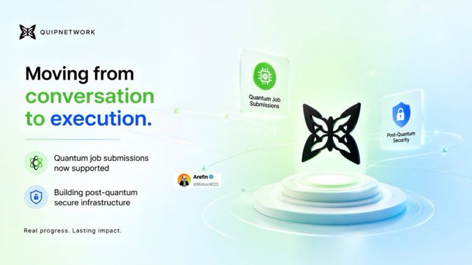 A promotional graphic for QUIPNETWORK with the tagline 'Moving from conversation to execution,' highlighting quantum job submissions and post-quantum secure infrastructure, with a user comment from Arefin @Rimon823.
